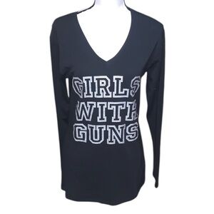 NWT Black 'Girls With Guns' V-Neck Top Long Sleeve Sequined